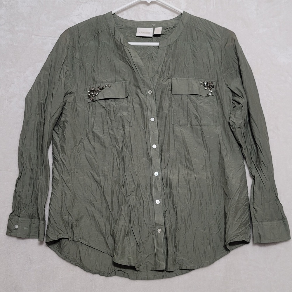 Chicos Womens Crinkle Top Sz 2 Green Long Sleeve Button Up Cotton Silk